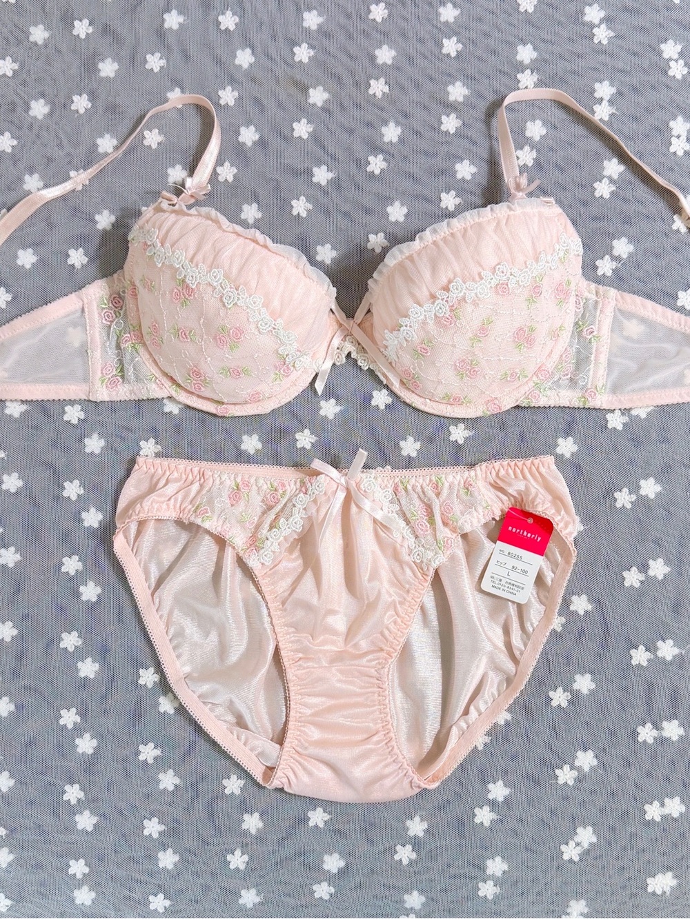 US-34B/JP-D75 Japanese Brand Cute Pink Rose Embroidery Bra & Panties Set NWT